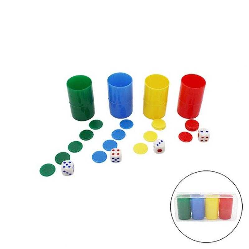Pack 4 cubiletes con fichas de parchís y dados