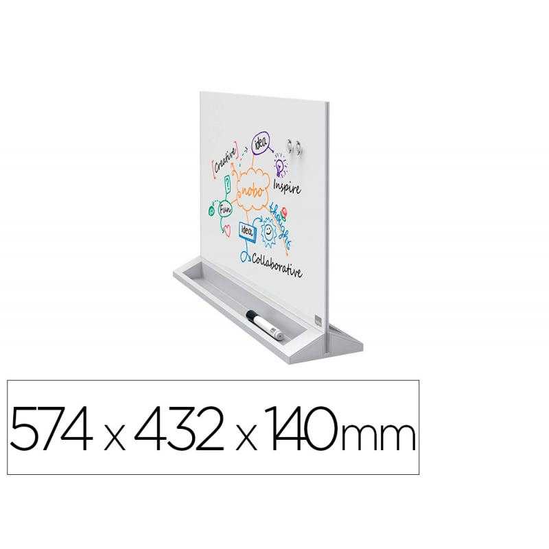 Pizarra blanca nobo cristal magnética sobremesa doble caracon caballete imanes y rotulador 574x432x140 mm