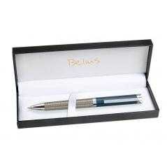 Bolígrafo belius munich azul cuerpo acero inoxidable con textura tinta azul en estuche
