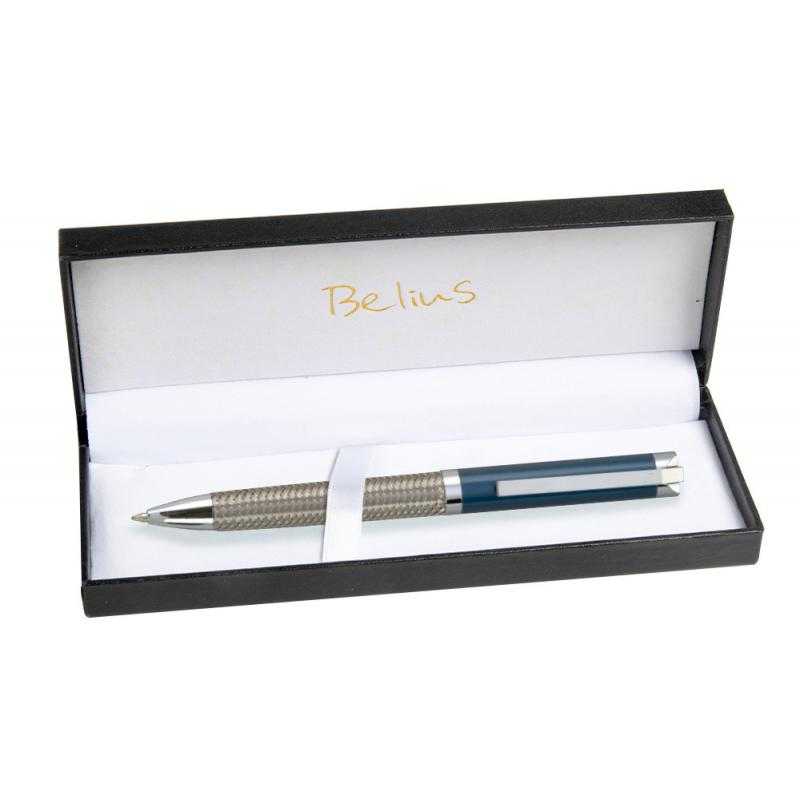 Bolígrafo belius munich azul cuerpo acero inoxidable con textura tinta azul en estuche