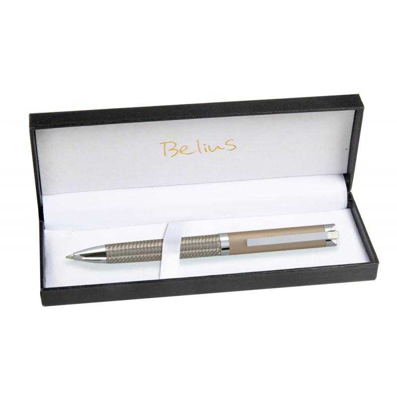 Bolígrafo belius munich dorado cuerpo acero inoxidable con textura tinta azul en estuche