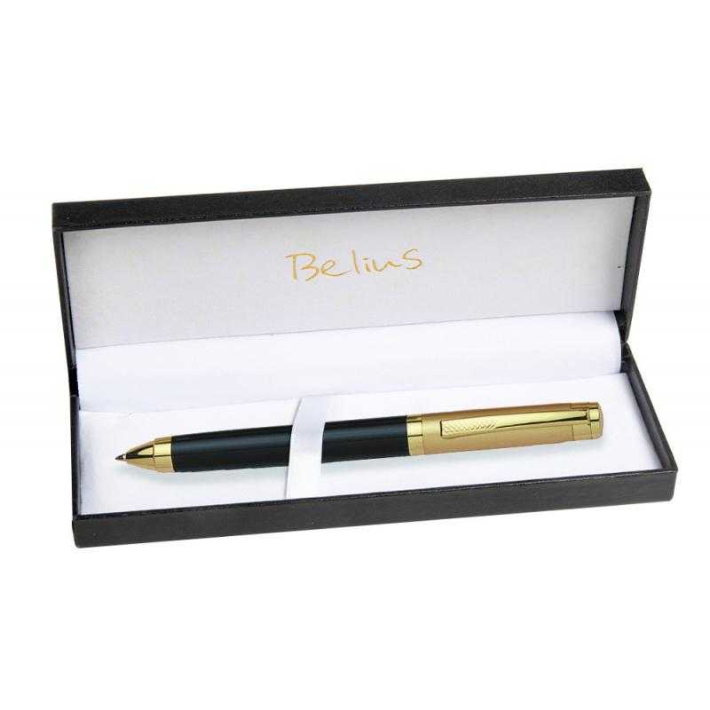 Bolígrafo belius frankfurt negro y dorado tinta azul en estuche