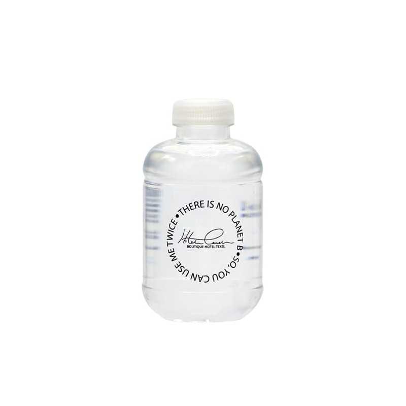 Botella de agua personalizada 25cl rpet reciclada. impresión un color en botella. tapón transparente
