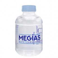 Botella de agua personalizada 25cl rpet reciclada. impresión dos colores en la botella. tapón azul