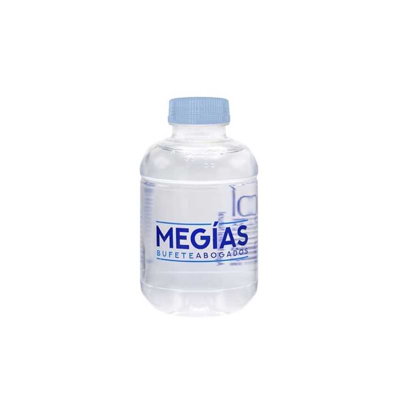 Botella de agua personalizada 25cl rpet reciclada. impresión dos colores en la botella. tapón azul