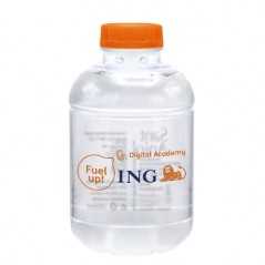 Botella de agua personalizada 25cl rpet reciclada. impresión dos colores en botella. tapón naranja
