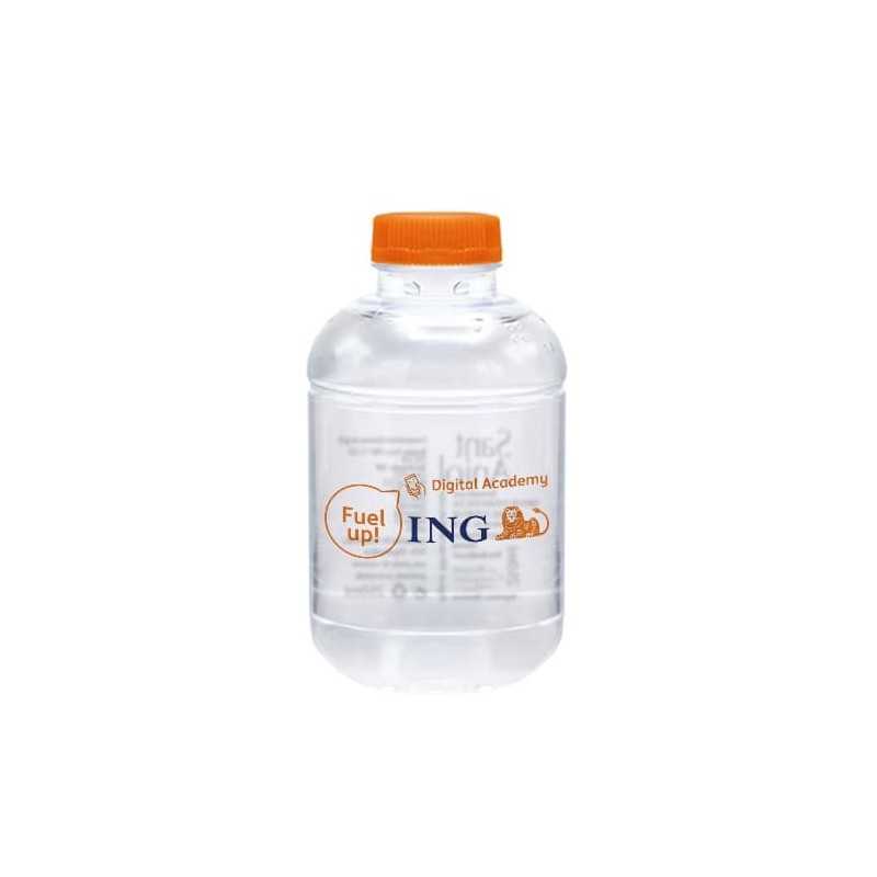 Botella de agua personalizada 25cl rpet reciclada. impresión dos colores en botella. tapón naranja