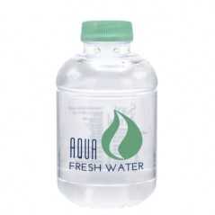 Botella de agua personalizada 25cl rpet reciclada. impresión dos colores en la botella. tapón verde