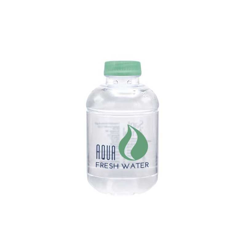 Botella de agua personalizada 25cl rpet reciclada. impresión dos colores en la botella. tapón verde