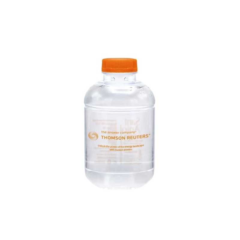 Botella de agua personalizada 25cl pet. impresión directa un color en la botella. tapón naranja