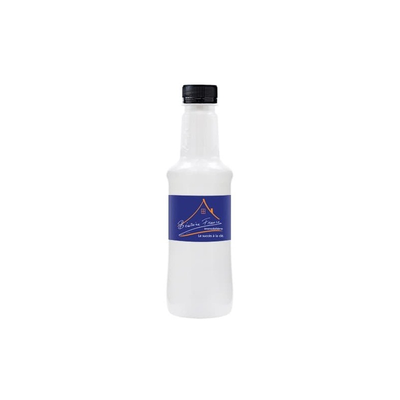 Botella blanca de agua alzola personalizada 33cl. etiqueta plástico a todo color. tapón negro