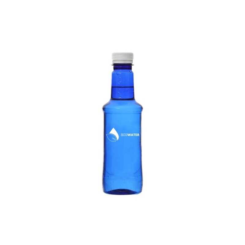Botella azul agua Alzola personalizada 33 cl. impresión directa un color en la botella. tapón blanco