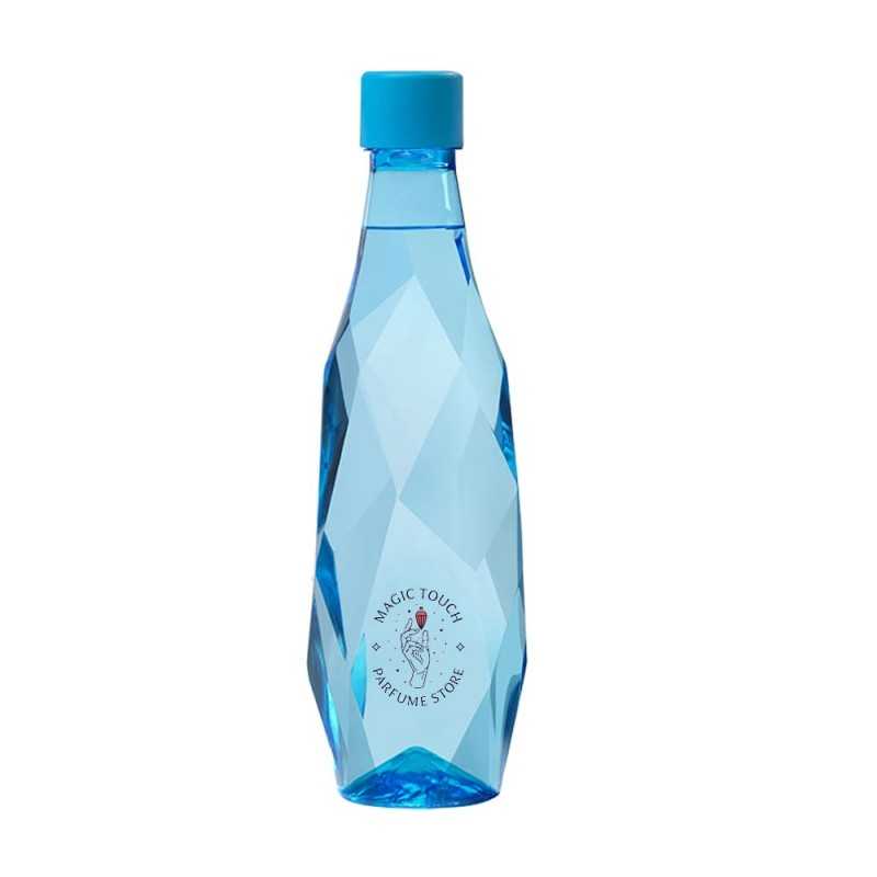 Botella de agua azul healsi personalizada 50 cl con tapón azul. etiqueta adhesiva a todo color