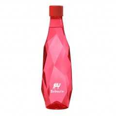 Botella roja de agua con gas Healis personalizada 50 cl, tapón rojo. etiqueta adhesiva a todo color