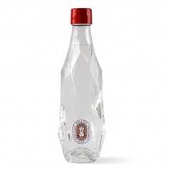 Botella de agua con gas de cristal Healsi de 40cl personalizada, tapón rojo. etiqueta todo color