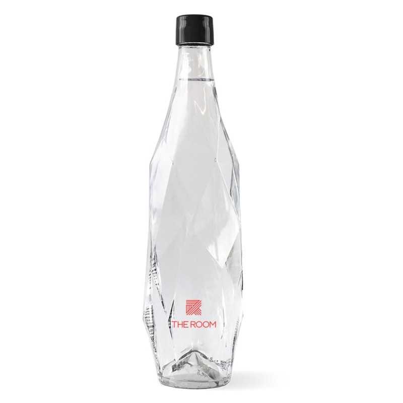 Botella de agua de cristal Healsi de 850ml personalizada, tapón negro. etiqueta adhesiva todo color