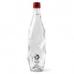 Botella de agua con gas de cristal Healsi de 850ml personalizada, tapón rojo. etiqueta todo color