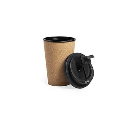 Vaso de corcho personalizado 350ml, tapa negra PP sin BPA - 9,2x14,5cm. marcado a un color