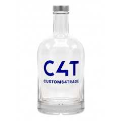 Botella cristal personalizada 70cl. 9,7x21,5cm. Tapón rosca plata. 1 color vitrificado