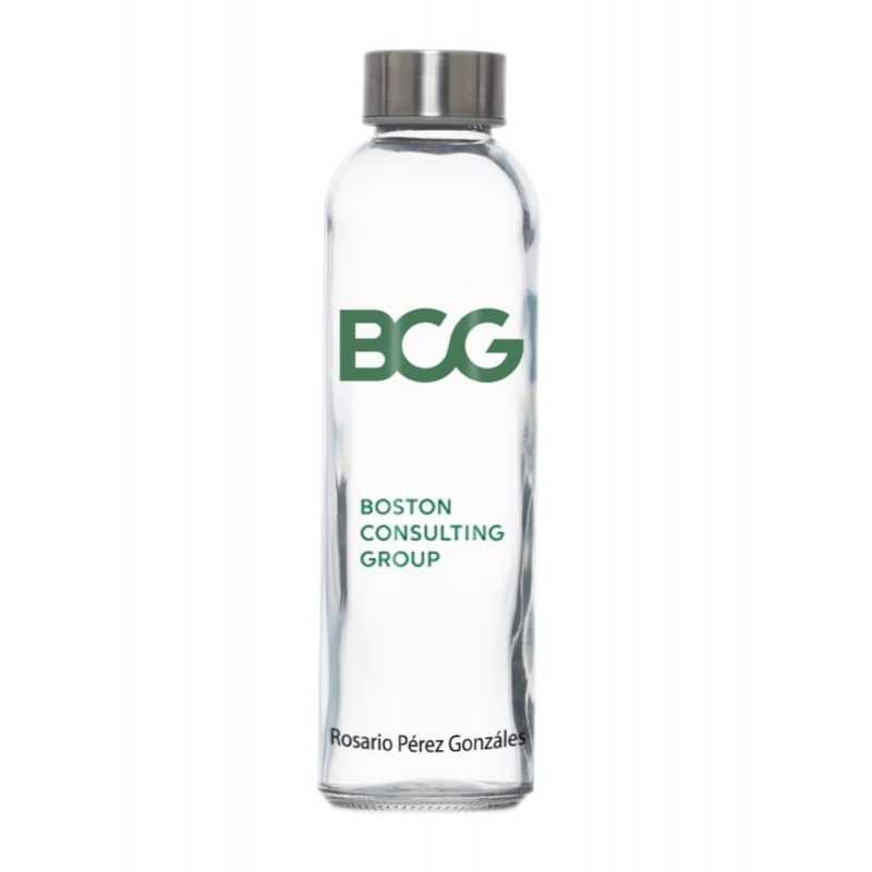Botella cristal personalizada 50cl. Tapón plata. 6,9X19,5cm. Calca doble 5,5x5,5cm 1 color