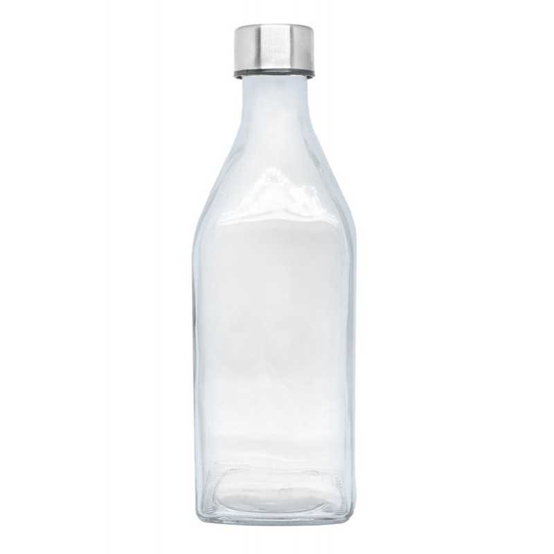 Botella cristal personalizada cuadrada de 1l, tapón plata - 8,8x25cm. Marcada Laser