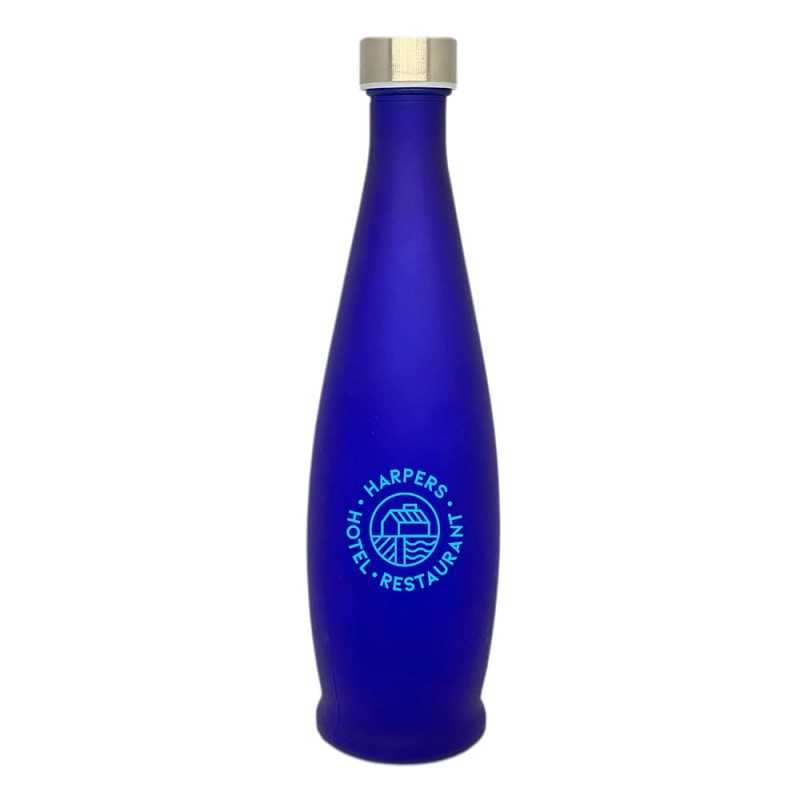 Botella cristal azul personalizada 1l, tapón rosca inox. 8,9x32,4cm. Marcada 1 color
