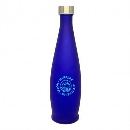 Botella cristal azul personalizada 1l, tapón rosca inox. 8,9x32,4cm. Marcada 1 color