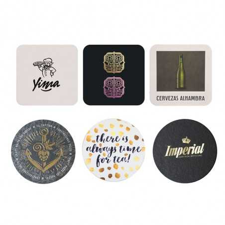 Posavasos personalizado redondo base negra de 9 cm, 400g. Marcado a 2 colores con stamping de-luxe