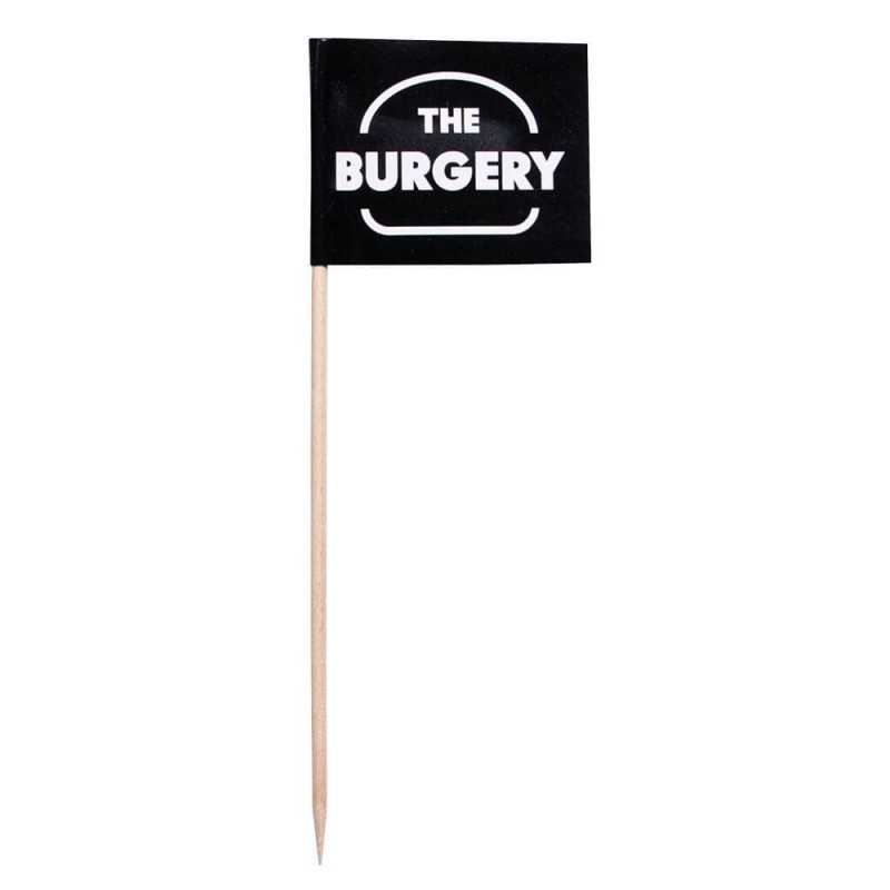 Banderilla de hamburguesa personalizada rectangular, madera de 15cm de alto. Marcaje en negro