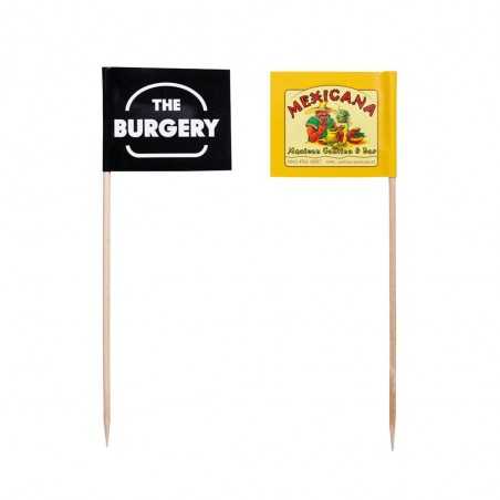 Banderilla de hamburguesa personalizada rectangular, madera de 15cm de alto. Marcaje en negro