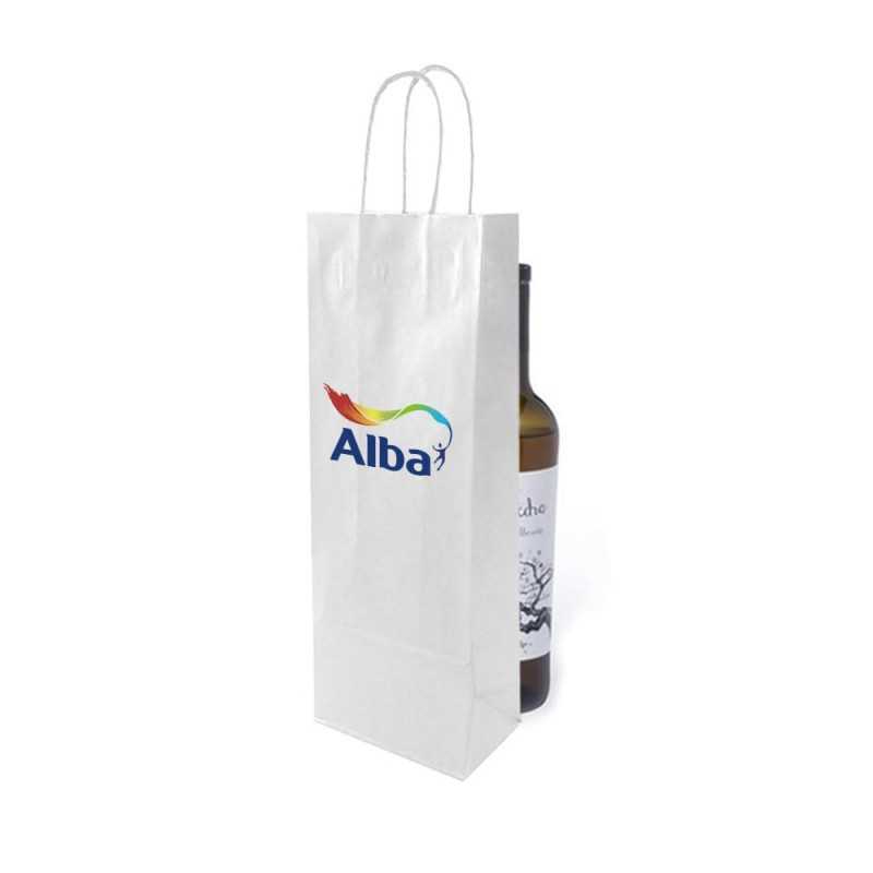 Bolsa papel blanco personalizada para botella - 14x8,5x39,5cm. Cuatricomía, 1 lado