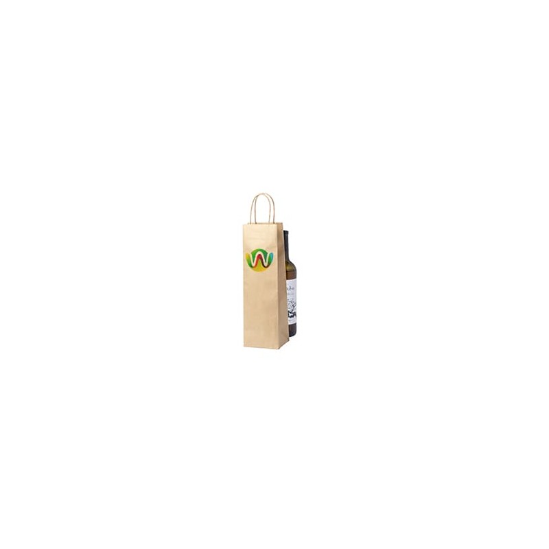 Bolsa papel kraft personalizada para botella. 11x10x36cm. Cuatricomía por un lado