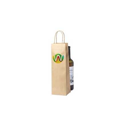 Bolsa papel kraft personalizada para botella. 11x10x36cm. Cuatricomía por un lado