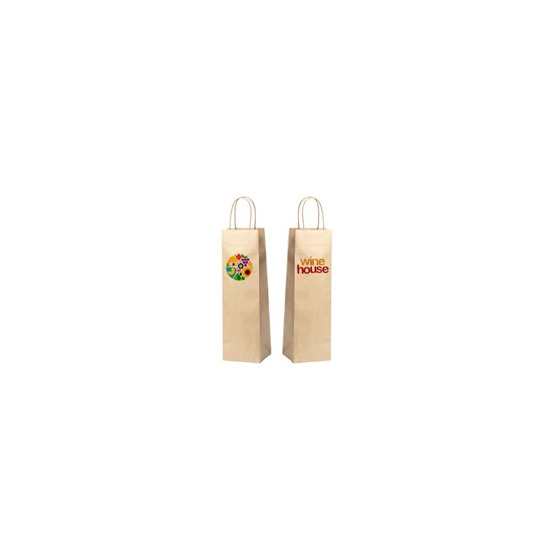 Bolsa papel kraft personalizada para botella. 11x10x36cm. Cuatricomía a dos lados