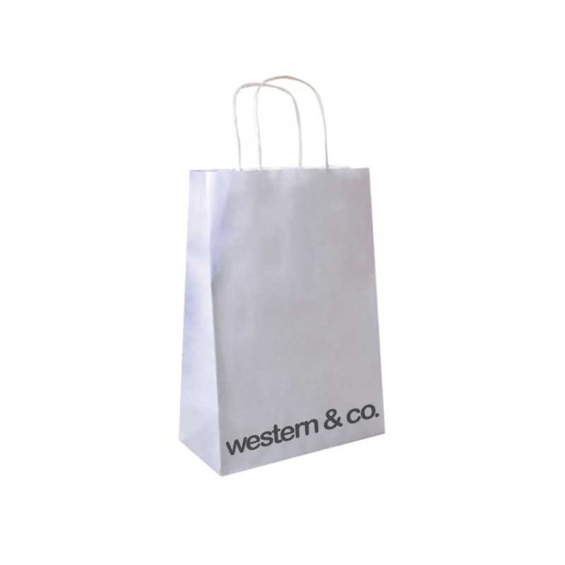 Bolsa personalizada de papel blanco con asa reforzada- 20x10x29cm. 1 color, 1 lado