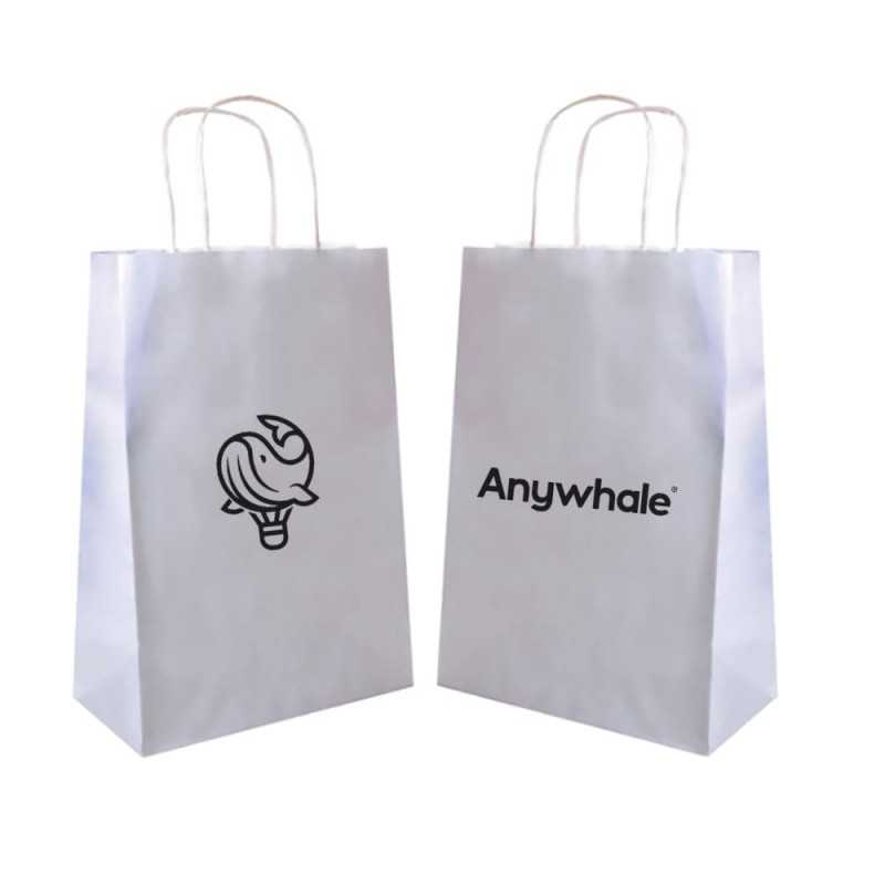 Bolsa personalizada de papel blanco con asa reforzada- 20x10x29cm. 1 color, 2 lados