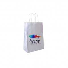 Bolsa personalizada de papel blanco con asa reforzada- 20x10x29cm. Cuatricomía, 1 lado