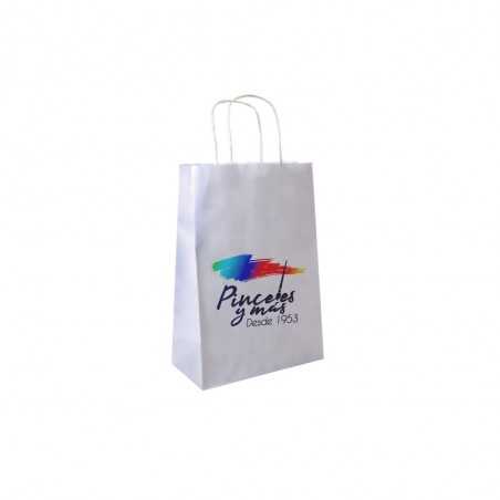 Bolsa personalizada de papel blanco con asa reforzada- 20x10x29cm. Cuatricomía, 1 lado