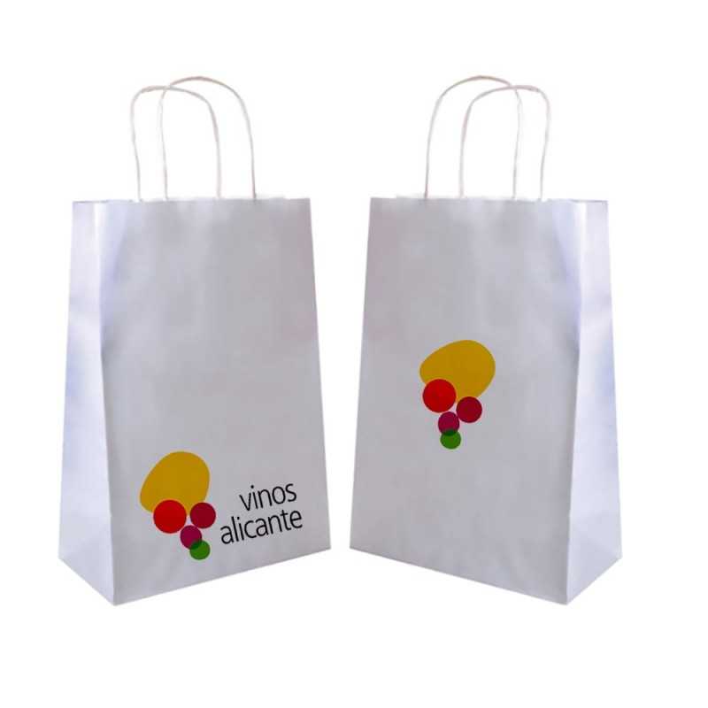 Bolsa personalizada papel blanco con asa reforzada- 20x10x29cm. Cuatricomía, 2 lados