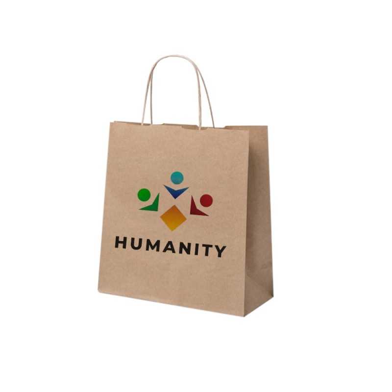 Bolsa de papel kraft personalizada con asa reforzada- 22x9x23cm. Cuatricomía, 1 lado