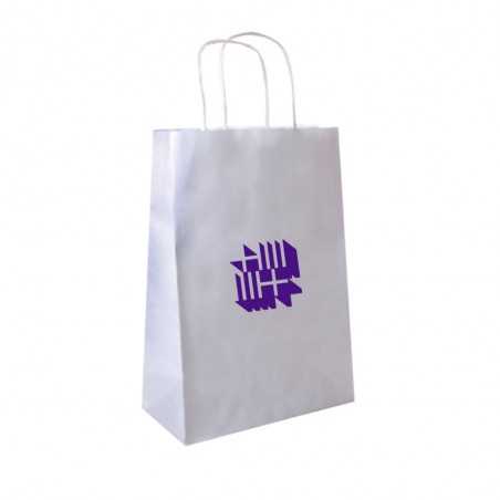 Bolsa papel blanco personalizada con asa reforzada-26x14x32cm. Marcada 1 color, 1 lado