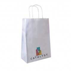 Bolsa de papel blanco personalizada con asa reforzada- 26x14x32cm. Cuatricomía, 1 lado