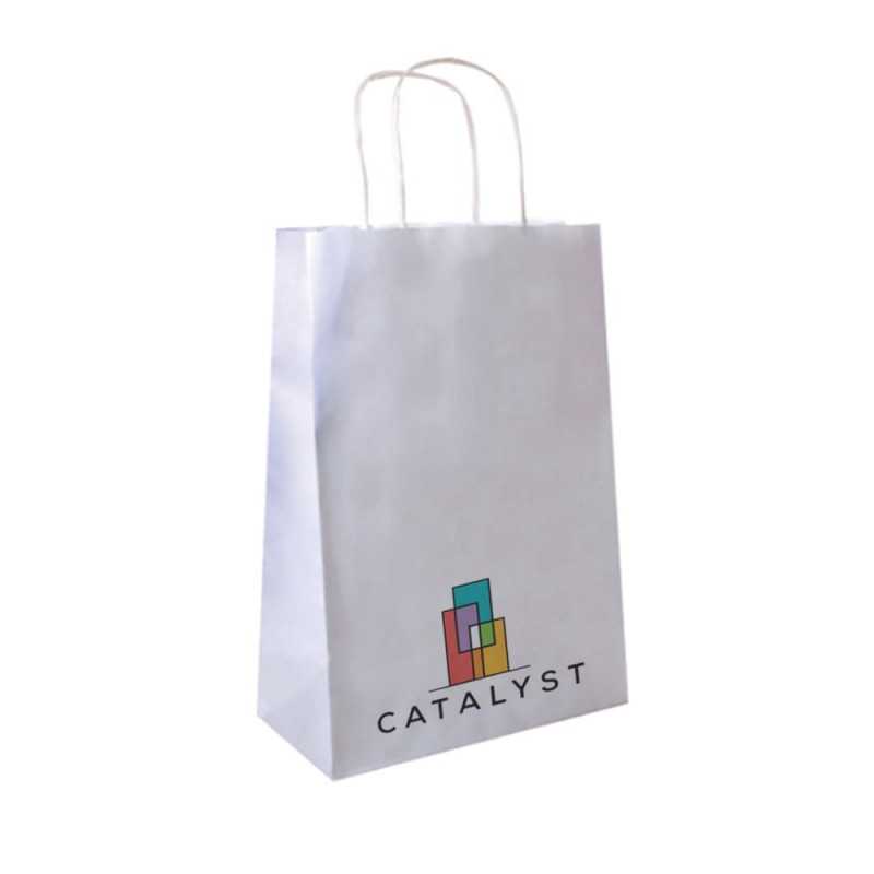 Bolsa de papel blanco personalizada con asa reforzada- 26x14x32cm. Cuatricomía, 1 lado