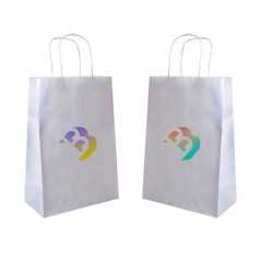 Bolsa papel blanco personalizada con asa reforzada- 26x14x32cm. Cuatricomía, 2 lados