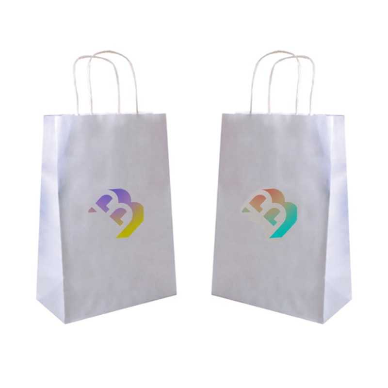 Bolsa papel blanco personalizada con asa reforzada- 26x14x32cm. Cuatricomía, 2 lados