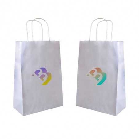 Bolsa papel blanco personalizada con asa reforzada- 26x14x32cm. Cuatricomía, 2 lados