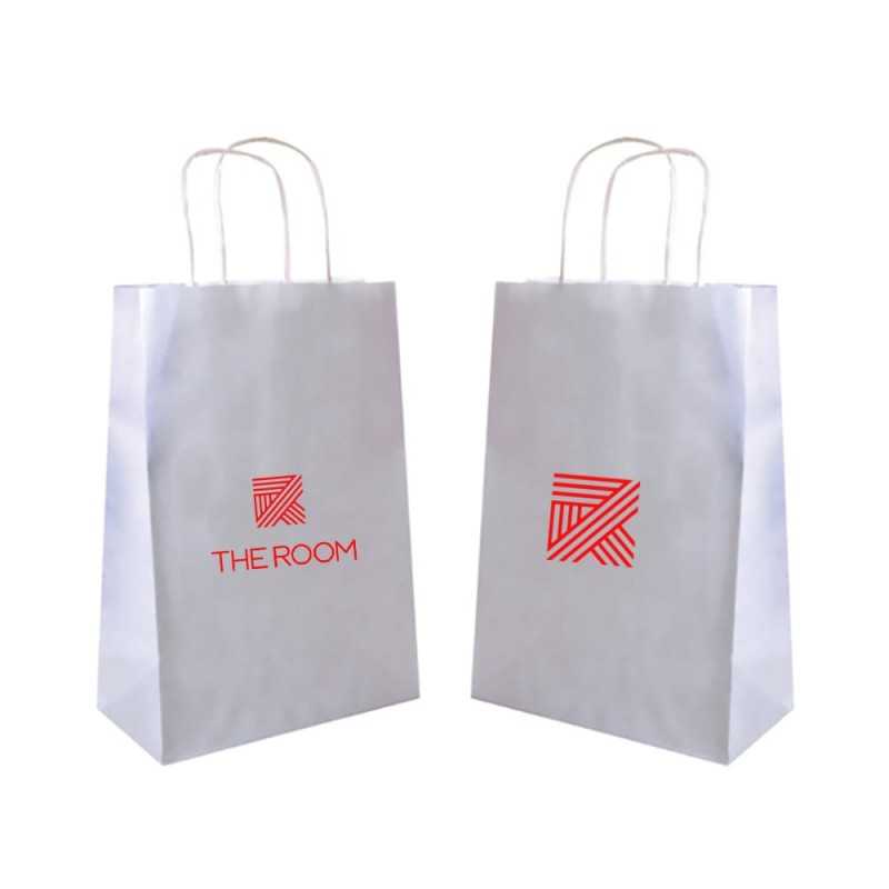 Bolsa personalizada de papel blanco con asas reforzadas- 32x16x43cm. 1 color, 2 lados