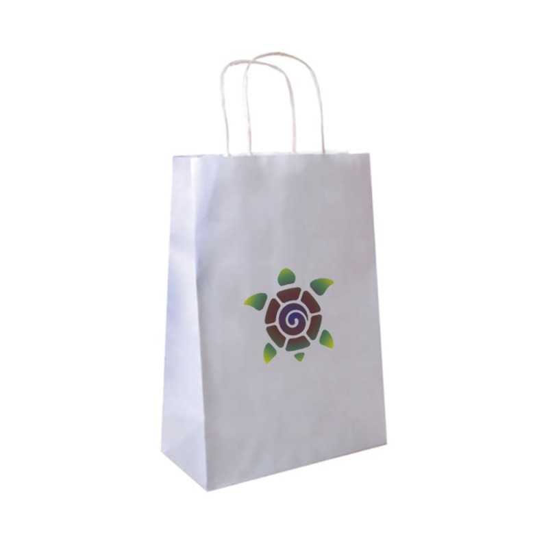 Bolsa personalizada papel blanco con asas reforzadas- 32x16x43cm. Cuatricomía, 1 lado