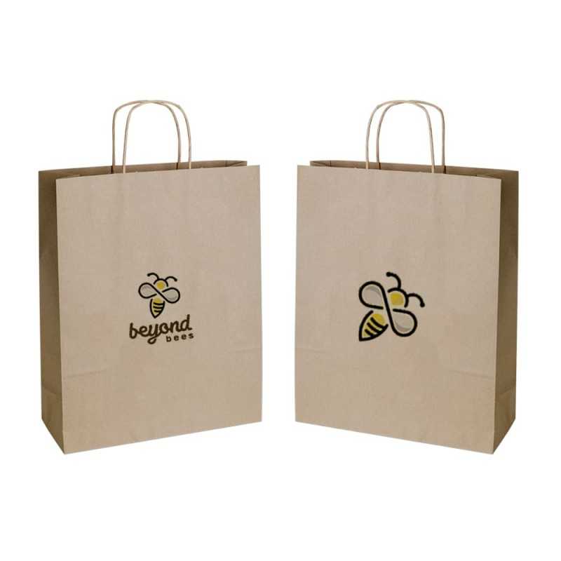 Bolsa personalizada de papel kraft con asa reforzada- 32x12x40cm. Cuatricomía, 2 lados
