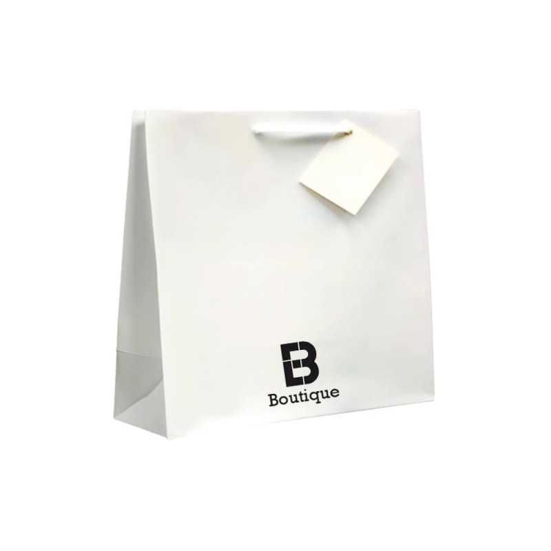 Bolsa personalizada de papel blanco con asa de cuerda. 19x10x27cm. A 1 color en un lado